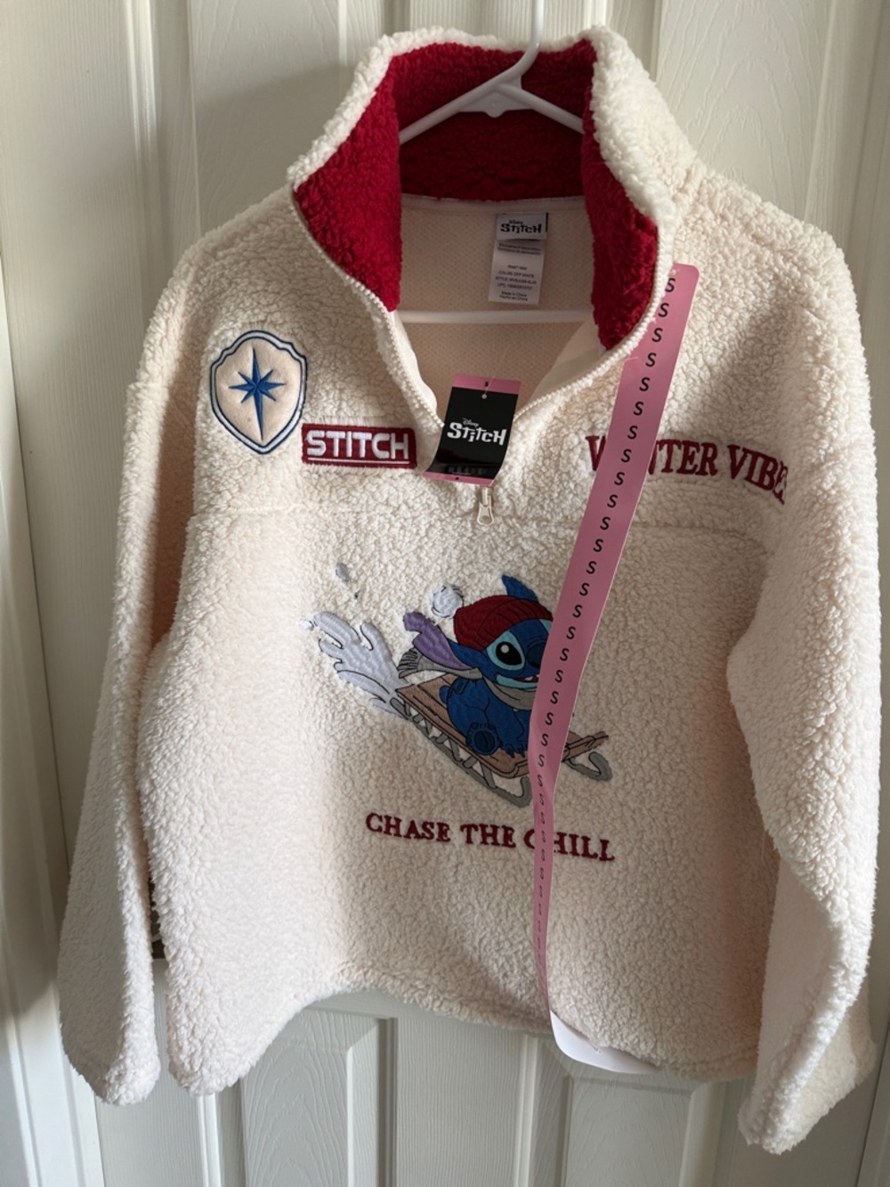 Disney Cream Sherpa Pullover with Red Collar and Blue Stitch Graphic